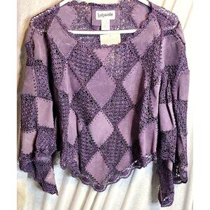 Bagatelle Poncho Large Purple Suede Sexy Crochet Boho Lace Scalloped Beaded M